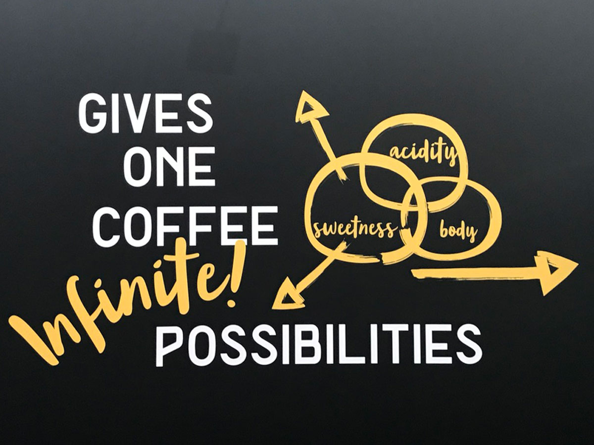 Black and yellow sign at Melbourne International Coffee Expo saying 'Gives one Coffee Infinite Possibilities'