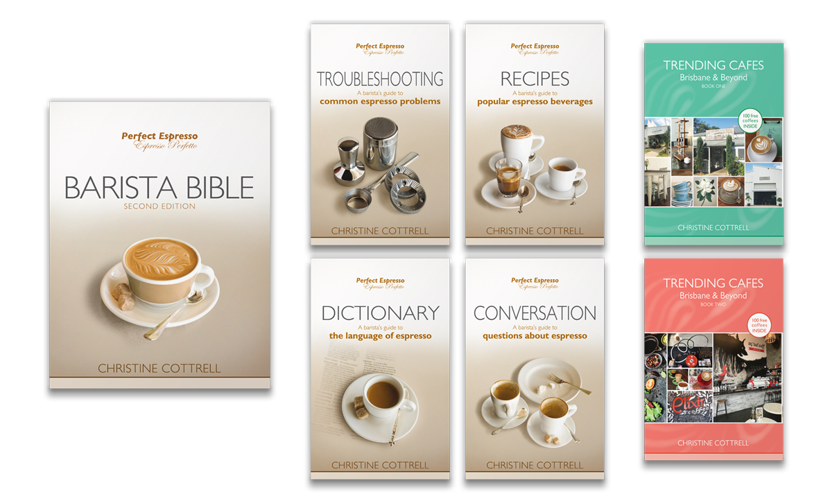 Collage of books including Barista Bible, Troubleshooting, Recipes, Dictionary, Conversation, and Trending Cafes books 1 and 2