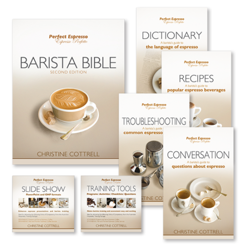 Training pack showing covers of Barista bible, CDs and smaller guides