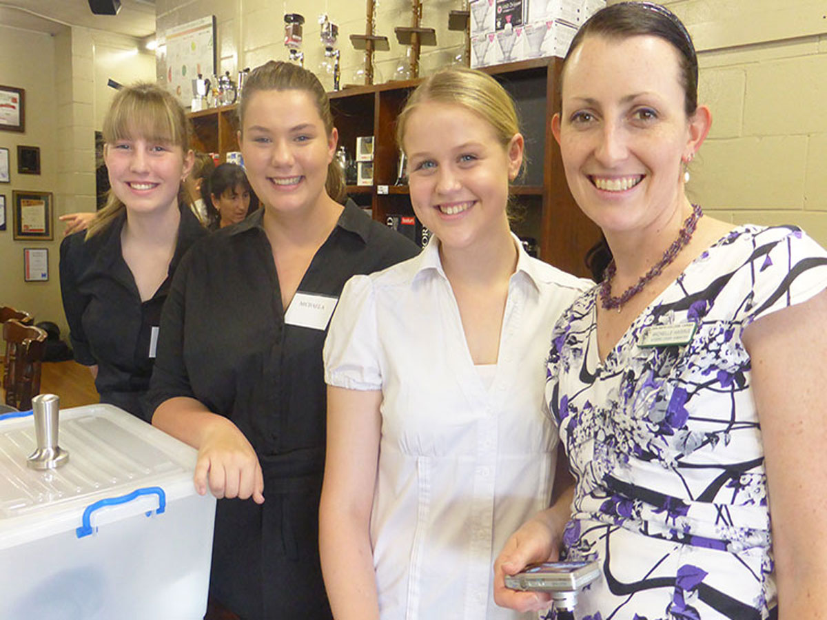 Teacher Michelle Harris & students from San Sisto College at the 2015 Brisbane Become A Barista competition held at Di Bella Coffee