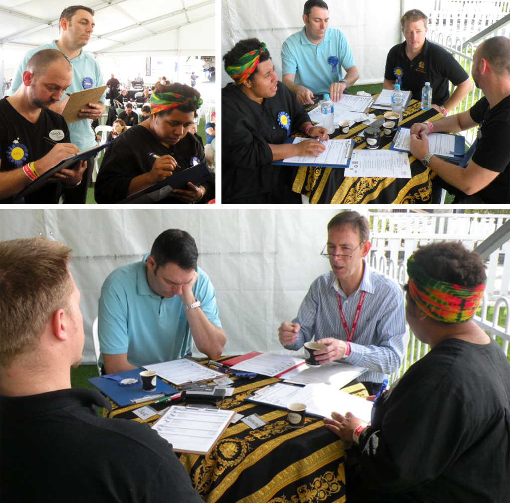 Judges at the become A Barista student competition at the Gold Coast – including Paul Holiday, Mel Maksic and Richard Silipo.