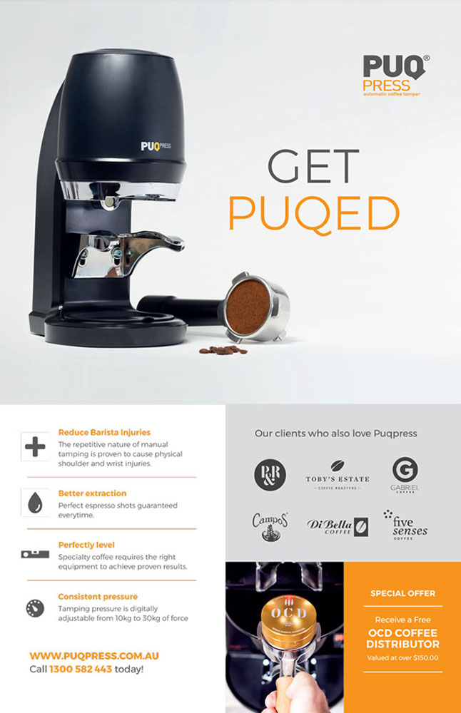 Ad with a picture of a compact black coffee machine and the headline get puqed.