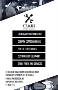 Xtracted advertisement about espresso machines, grinders coffee carts and spare parts