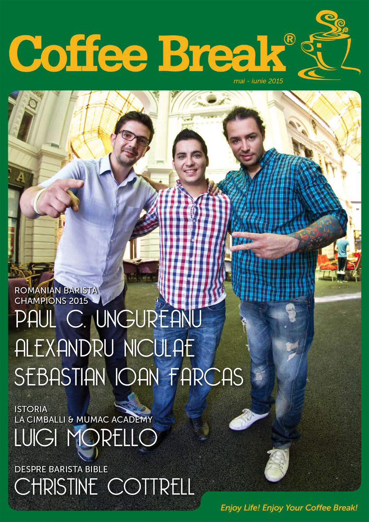 Cover of Coffee Break Magazine in Romania with three young guys standing in the street looking out of the cover