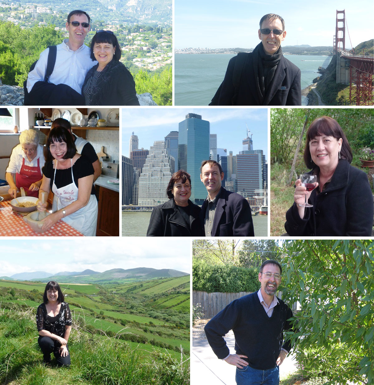 a collage of photos of Christine Cottrell and Paul Holiday in outdoor locations around the world.