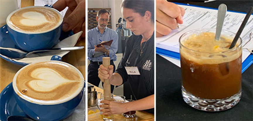 3 images of coffee with a heart shape in the froth, a young lady making something while a judge watches on, and a coffee in a glass with ice