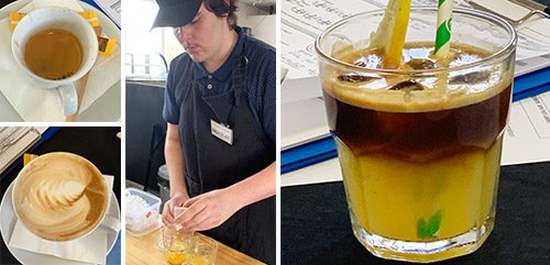 a collage of pics of coffees and a young man making something in a glass