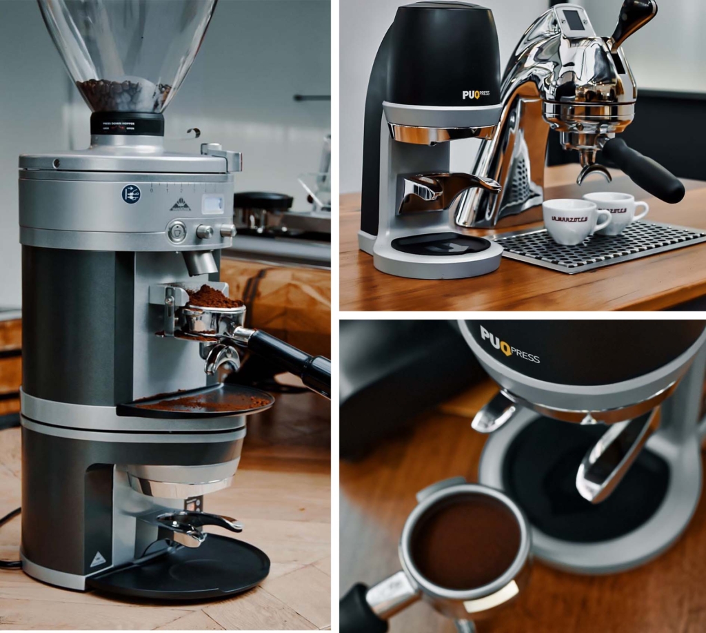 Collage of the Puqpress showing the free standing tamping device as well as a Pucporess mounted under a grinder – with a closeup of the dosed group handle just after tamping. 