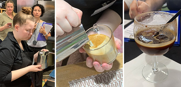 3 pics of young lady making coffee while judges look on 