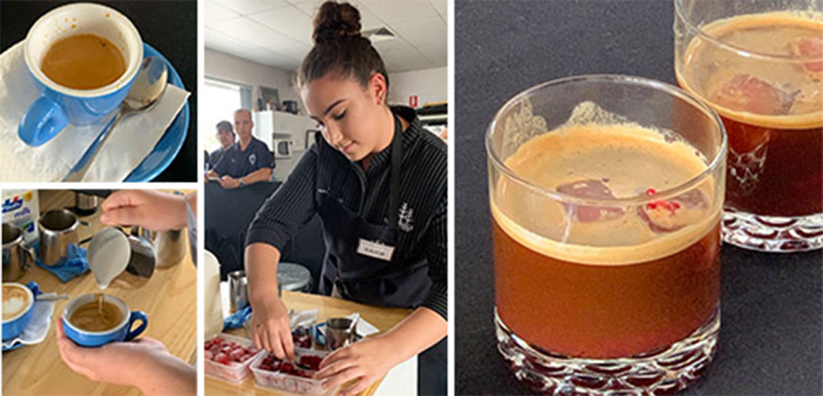 a collage of pics of coffee being made by a young lady wearing black