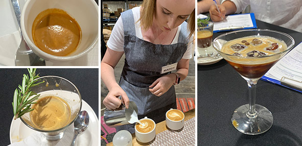 3 pics of young lady making coffee while judges look on 