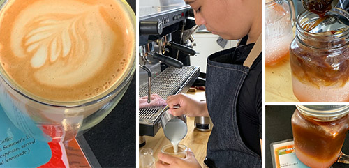 a collage of pics of coffee being made by a young person