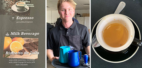 3 pics of a menu, a young man serving something in blue jugs and a coffee in a cup