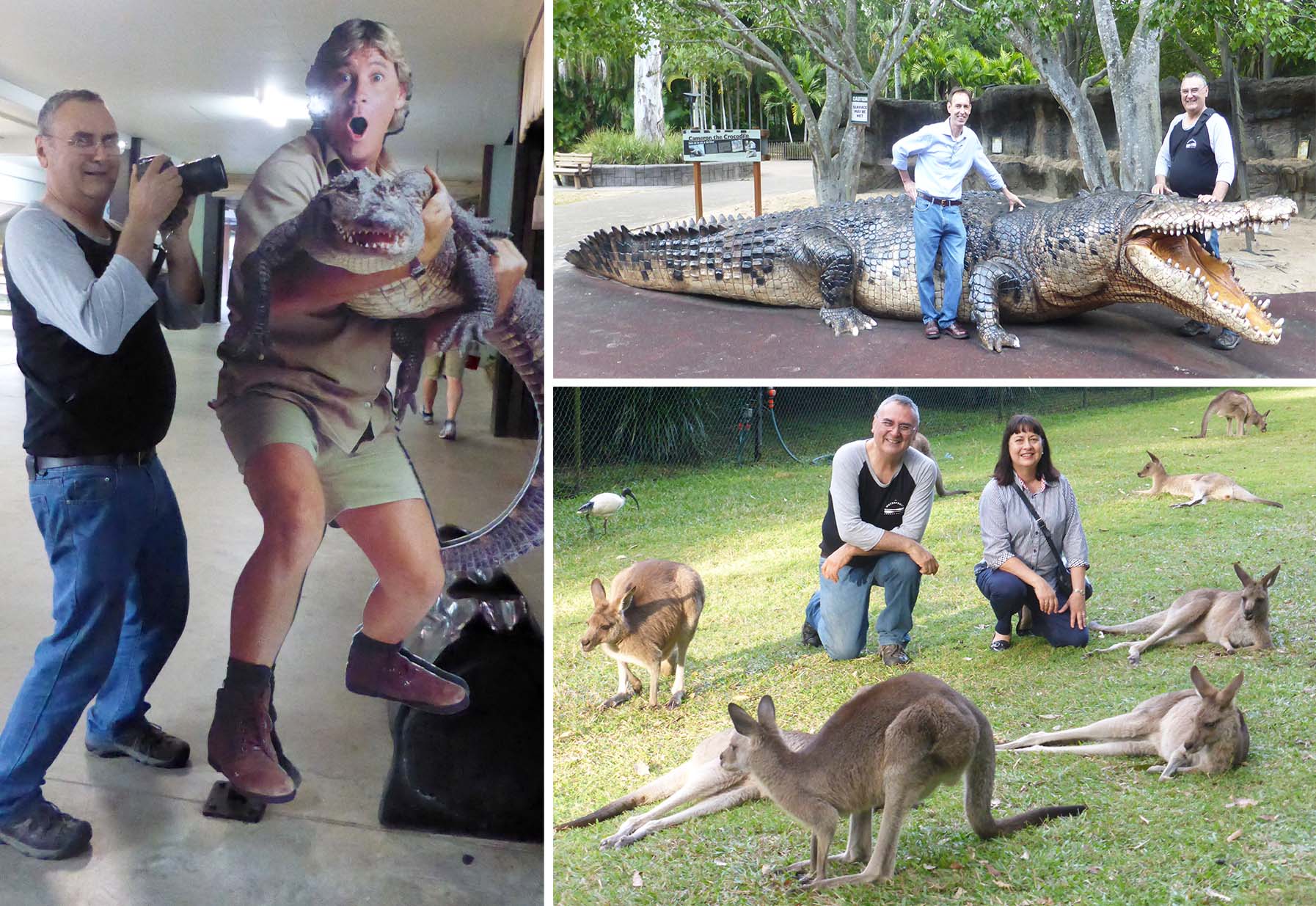Reg with a cutout of the crocodile hunter, standing next to a giant crocodile statue with Paul and in a field of kangaroos with Christine