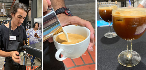 3 pics of young man making coffee while judges look on 