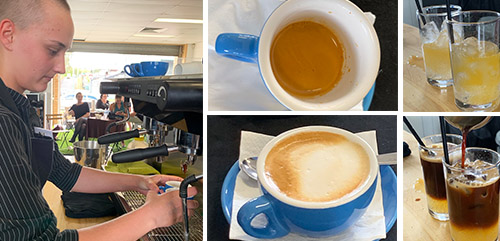 a collage of a young lady making coffee, various cups and glasses with different types of coffee