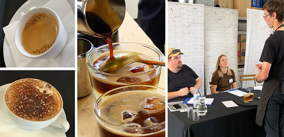 a collage of images of different types of coffee and a young man serving coffee to judges sitting at a table