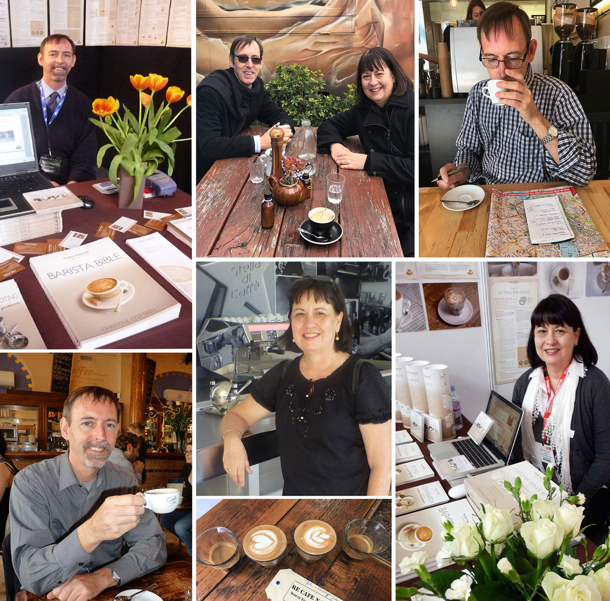 a collage of photos of Christine Cottrell and Paul Holiday in various cafes and roasteries around the world