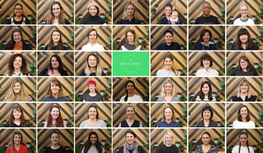 A grid of 42 portraits of smiling women with a green logo in the middle panel that says Barista Connect