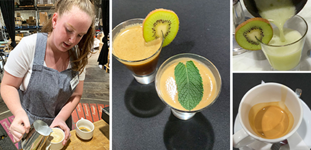 collage including young lady making coffee, two coffee drinks one with slice of kiwifruit, the other with a mint leaf