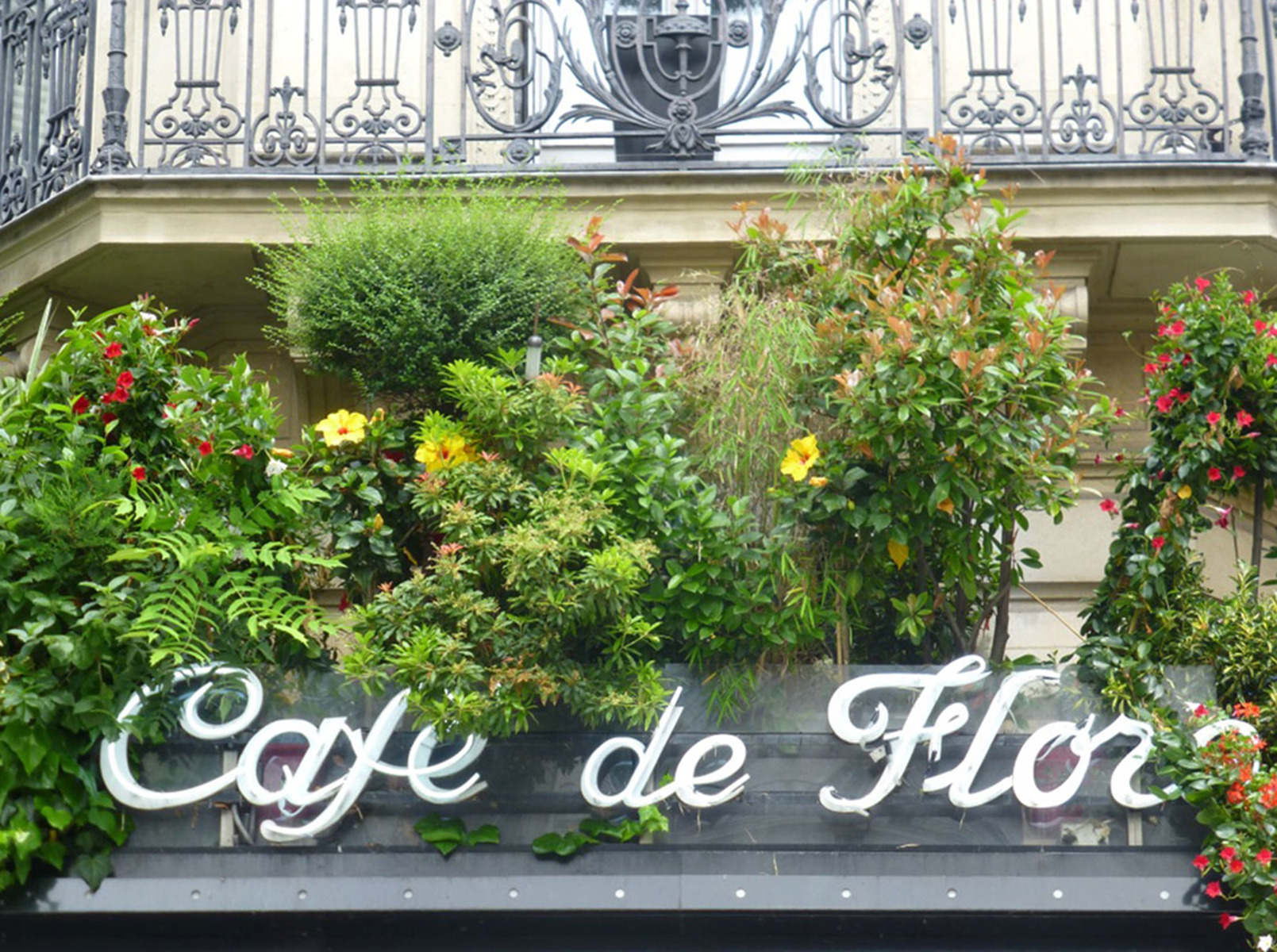 Sign above Cafe De Flore on Boulevard Saint Germain in Paris