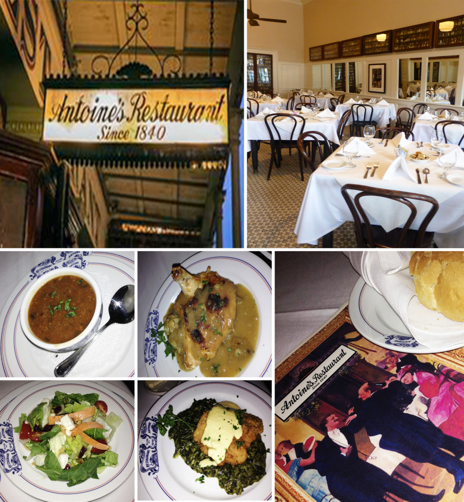 Collage of five images, including our meals at Antpines Restaurant in New Orleans, another of the inside of the restaurant with white tablecloths and one of the sign outside.