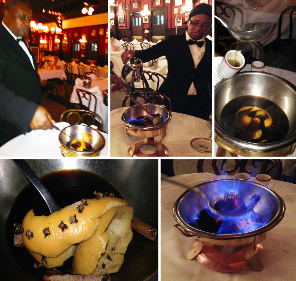 Collage of 5 images demonstrating-of-Cafe-Brulot-at-Antoines-Restaurant-in-New-Orleans